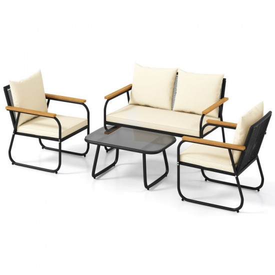 Honhorrs Four-Piece Wicker Patio Set, Loveseat, Chairs and Glass Table with Washable Cushion Covers