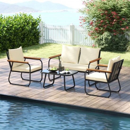 Honhorrs Four-Piece Wicker Patio Set, Loveseat, Chairs and Glass Table with Washable Cushion Covers