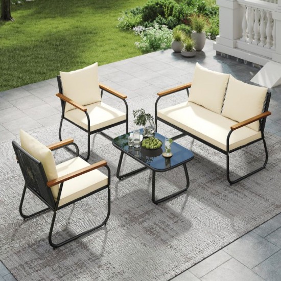 Honhorrs Four-Piece Wicker Patio Set, Loveseat, Chairs and Glass Table with Washable Cushion Covers