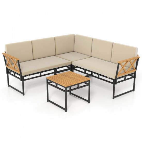 Honhorrs Four-Piece L-Shaped Patio Sofa Set, Cushions and Acacia Arms with a Matching Coffee Table