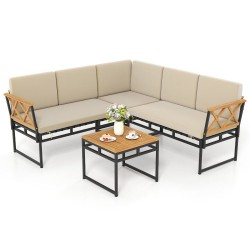 XVX Four-Piece L-Shaped Patio Sofa Set, Cushions and Acacia Arms with a Matching Coffee Table