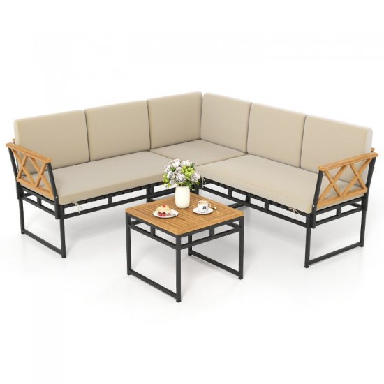 Honhorrs Four-Piece L-Shaped Patio Sofa Set, Cushions and Acacia Arms with a Matching Coffee Table