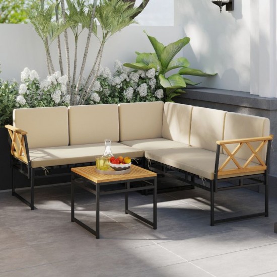 Honhorrs Four-Piece L-Shaped Patio Sofa Set, Cushions and Acacia Arms with a Matching Coffee Table