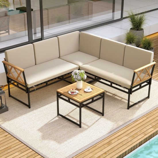 Honhorrs Four-Piece L-Shaped Patio Sofa Set, Cushions and Acacia Arms with a Matching Coffee Table