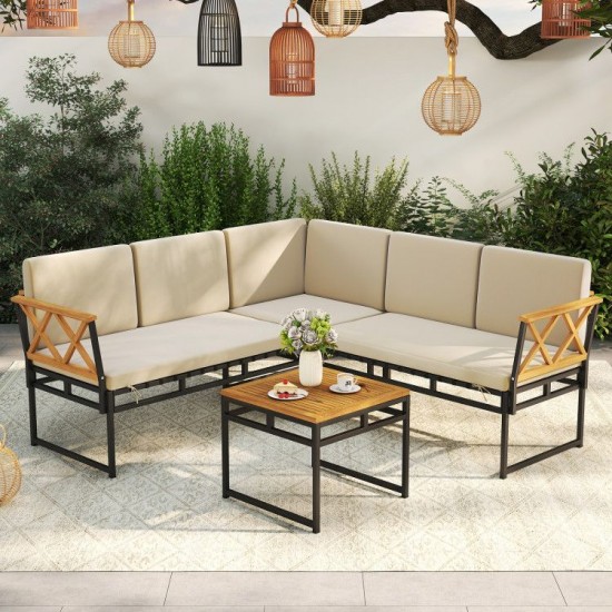 Honhorrs Four-Piece L-Shaped Patio Sofa Set, Cushions and Acacia Arms with a Matching Coffee Table