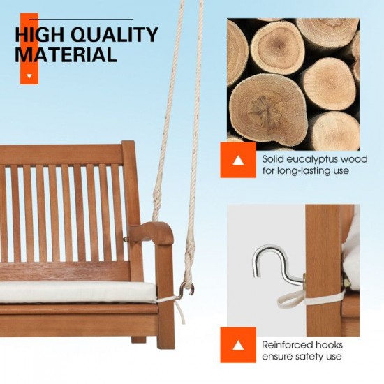 Owlyin Two-Person Eucalyptus Porch Swing, Cushioned Bench with Adjustable Hanging Ropes and Hooks