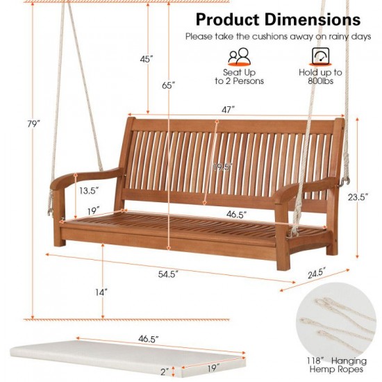 Owlyin Two-Person Eucalyptus Porch Swing, Cushioned Bench with Adjustable Hanging Ropes and Hooks
