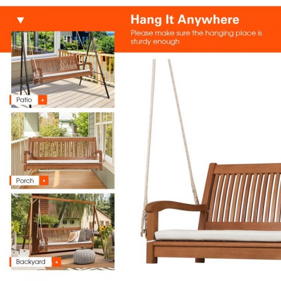 Owlyin Two-Person Eucalyptus Porch Swing, Cushioned Bench with Adjustable Hanging Ropes and Hooks