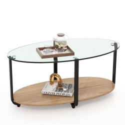 Honhorrs Oval Coffee Table with Tempered-Glass Top, Wooden Lower Shelf and Adjustable Floor Pads