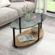 Honhorrs Oval Coffee Table with Tempered-Glass Top, Wooden Lower Shelf and Adjustable Floor Pads