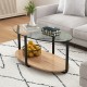 Honhorrs Oval Coffee Table with Tempered-Glass Top, Wooden Lower Shelf and Adjustable Floor Pads
