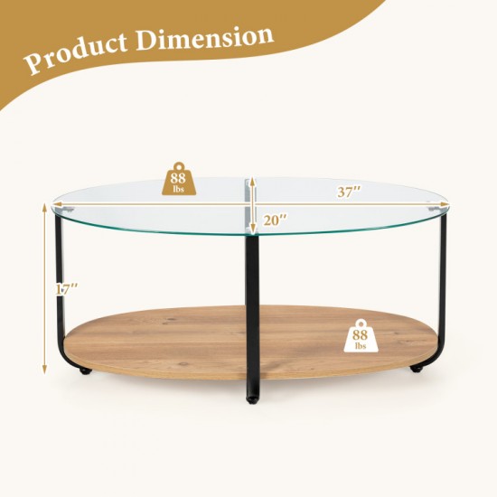 Honhorrs Oval Coffee Table with Tempered-Glass Top, Wooden Lower Shelf and Adjustable Floor Pads