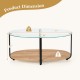 Honhorrs Oval Coffee Table with Tempered-Glass Top, Wooden Lower Shelf and Adjustable Floor Pads