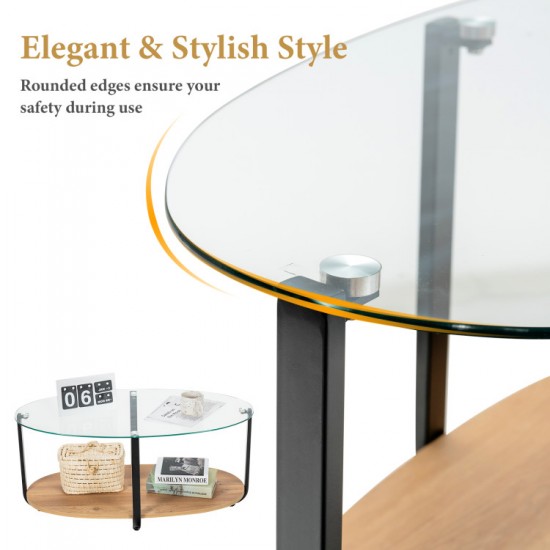 Honhorrs Oval Coffee Table with Tempered-Glass Top, Wooden Lower Shelf and Adjustable Floor Pads