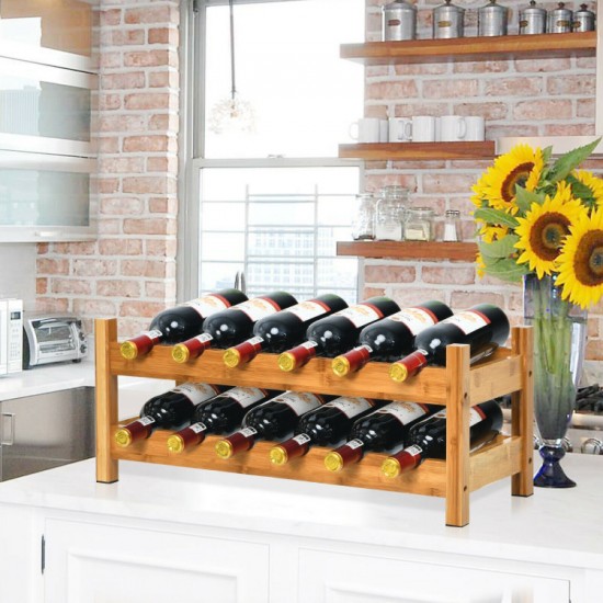 Two-Tier Bamboo Wine Rack by Honhorrs, Twelve Horizontal Bottle Positions in an Open Storage Layout