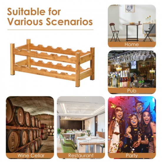Two-Tier Bamboo Wine Rack by Honhorrs, Twelve Horizontal Bottle Positions in an Open Storage Layout
