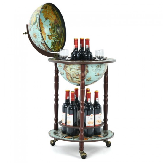 Honhorrs 17-Inch Globe Drinks Cart, Historic Map Design with Wood Legs, Lower Shelf and Casters
