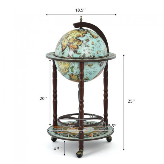 Honhorrs 17-Inch Globe Drinks Cart, Historic Map Design with Wood Legs, Lower Shelf and Casters