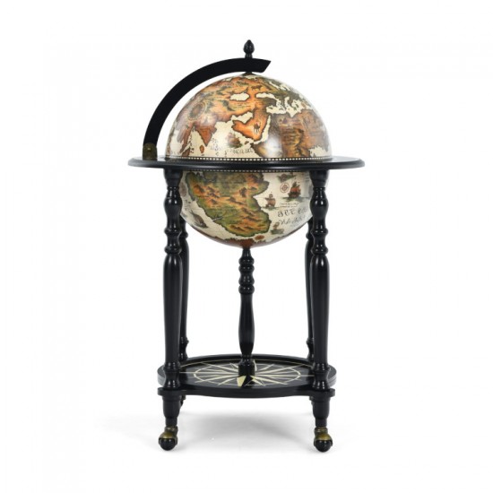 Honhorrs Nautical-Chart Globe Wine Cabinet on Wheels, Two Storage Levels and Solid Wood Legs