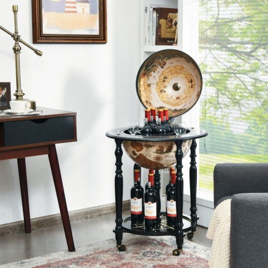Honhorrs Nautical-Chart Globe Wine Cabinet on Wheels, Two Storage Levels and Solid Wood Legs