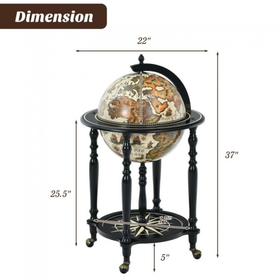 Honhorrs Nautical-Chart Globe Wine Cabinet on Wheels, Two Storage Levels and Solid Wood Legs