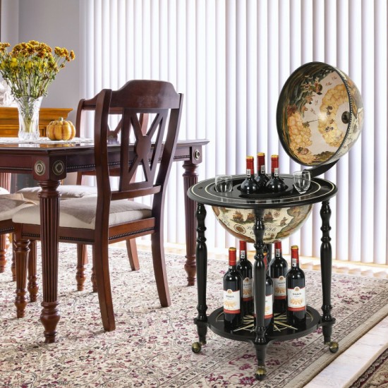 Honhorrs Nautical-Chart Globe Wine Cabinet on Wheels, Two Storage Levels and Solid Wood Legs