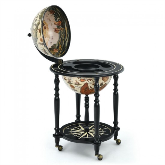 Honhorrs Nautical-Chart Globe Wine Cabinet on Wheels, Two Storage Levels and Solid Wood Legs