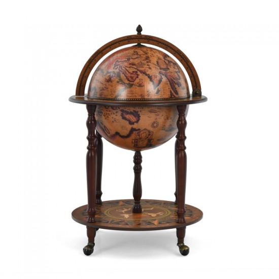 Honhorrs Globe-Style Rolling Wine Cabinet, Lift-Top Bottle Storage with Wood Legs and a Lower Shelf