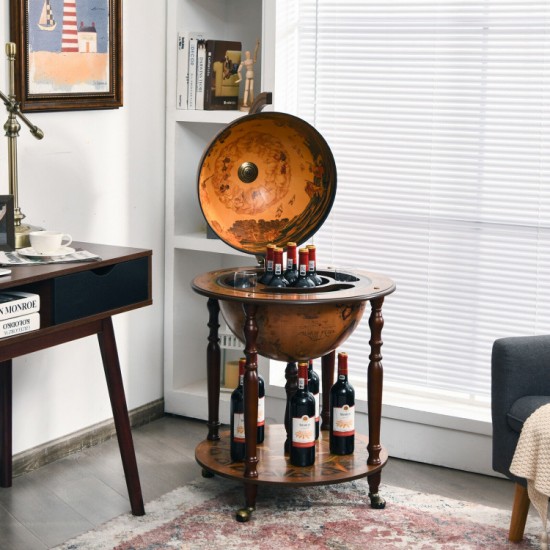 Honhorrs Globe-Style Rolling Wine Cabinet, Lift-Top Bottle Storage with Wood Legs and a Lower Shelf