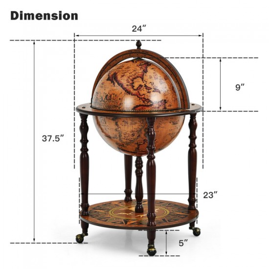 Honhorrs Globe-Style Rolling Wine Cabinet, Lift-Top Bottle Storage with Wood Legs and a Lower Shelf