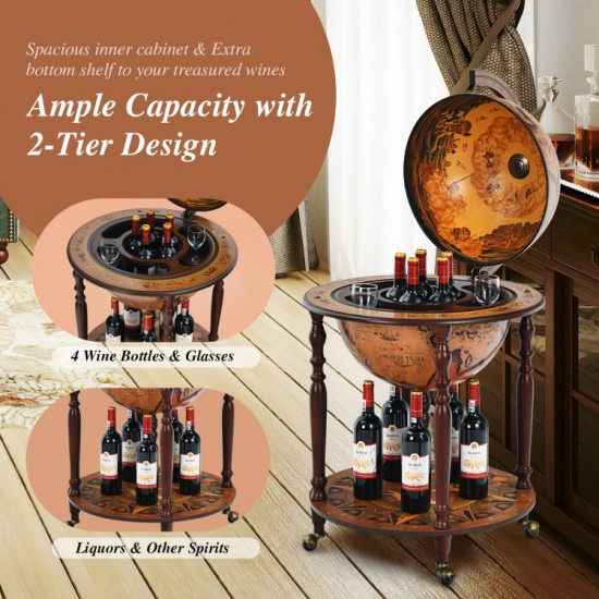 Honhorrs Globe-Style Rolling Wine Cabinet, Lift-Top Bottle Storage with Wood Legs and a Lower Shelf