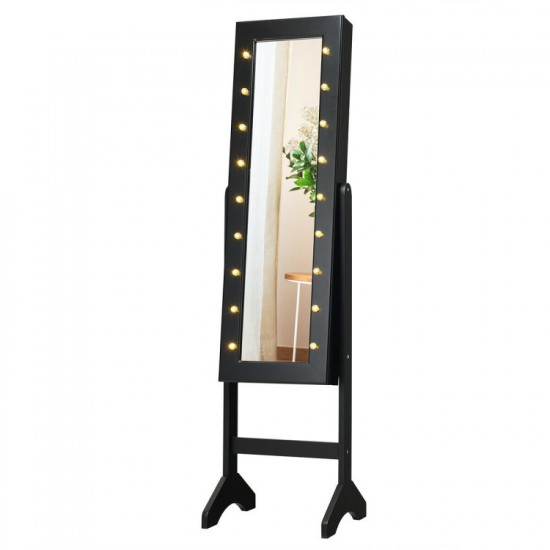 Honhorrs Standing Mirrored Jewelry Armoire, LED Interior with Ring Slots, Hooks and Makeup Storage