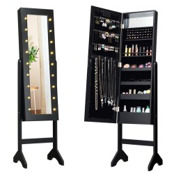 XVX Standing Mirrored Jewelry Armoire, LED Interior with Ring Slots, Hooks and Makeup Storage