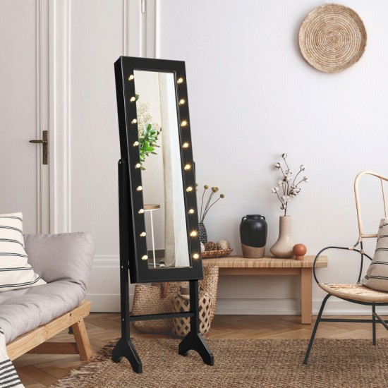 Honhorrs Standing Mirrored Jewelry Armoire, LED Interior with Ring Slots, Hooks and Makeup Storage
