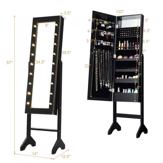 Honhorrs Standing Mirrored Jewelry Armoire, LED Interior with Ring Slots, Hooks and Makeup Storage