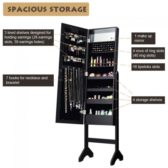 Honhorrs Standing Mirrored Jewelry Armoire, LED Interior with Ring Slots, Hooks and Makeup Storage
