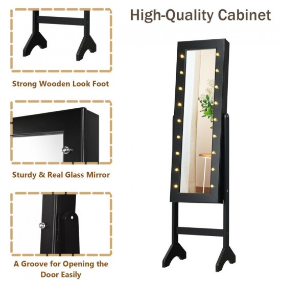 Honhorrs Standing Mirrored Jewelry Armoire, LED Interior with Ring Slots, Hooks and Makeup Storage