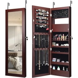 Honhorrs LED Mirrored Jewelry Cabinet, Wall or Door Mount with Ring Slots, Necklace Hooks and Lock