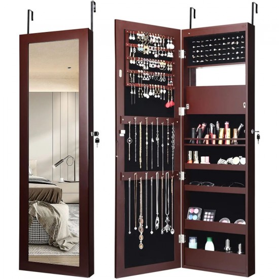 Honhorrs LED Mirrored Jewelry Cabinet, Wall or Door Mount with Ring Slots, Necklace Hooks and Lock