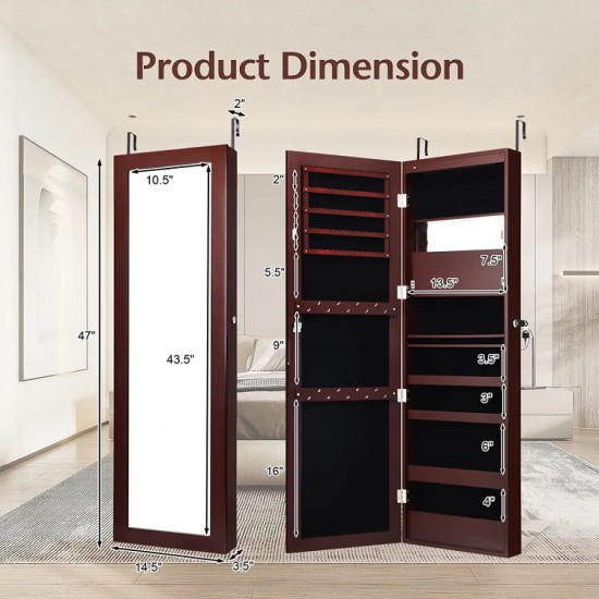 Honhorrs LED Mirrored Jewelry Cabinet, Wall or Door Mount with Ring Slots, Necklace Hooks and Lock