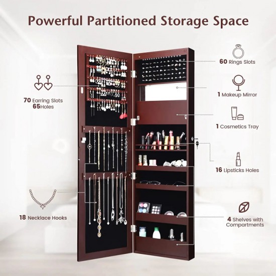Honhorrs LED Mirrored Jewelry Cabinet, Wall or Door Mount with Ring Slots, Necklace Hooks and Lock