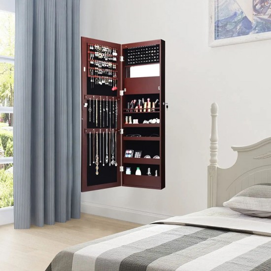 Honhorrs LED Mirrored Jewelry Cabinet, Wall or Door Mount with Ring Slots, Necklace Hooks and Lock
