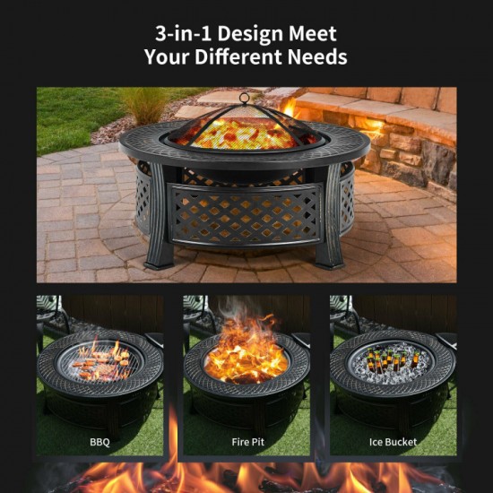 Honhorrs Outdoor Steel Fire Pit, Mesh Spark Screen and Poker with Protective Cover for Garden Use