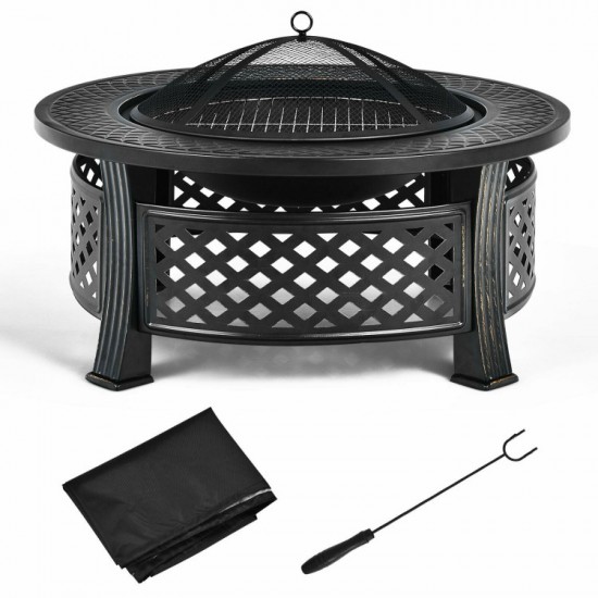 Honhorrs Outdoor Steel Fire Pit, Mesh Spark Screen and Poker with Protective Cover for Garden Use