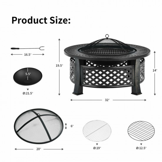 Honhorrs Outdoor Steel Fire Pit, Mesh Spark Screen and Poker with Protective Cover for Garden Use