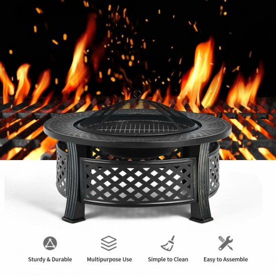 Honhorrs Outdoor Steel Fire Pit, Mesh Spark Screen and Poker with Protective Cover for Garden Use