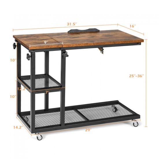 Honhorrs C-Shaped Laptop Side Table: Adjustable Height, Tilting Top, Wire Shelves and Locking Wheels