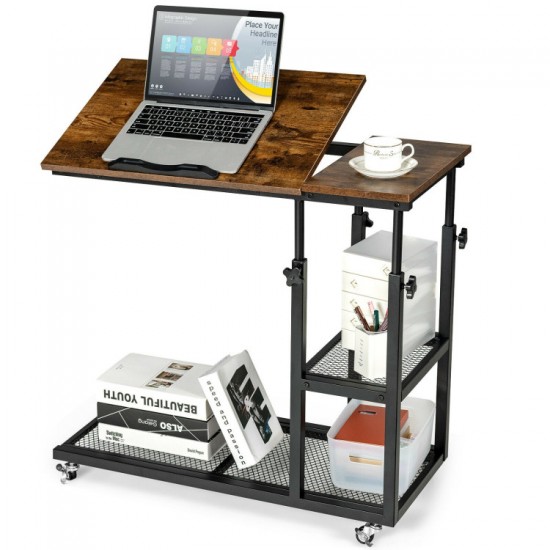Honhorrs C-Shaped Laptop Side Table: Adjustable Height, Tilting Top, Wire Shelves and Locking Wheels
