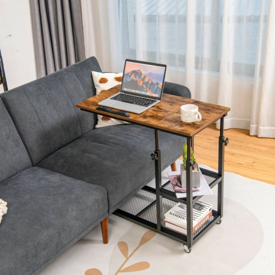 Honhorrs C-Shaped Laptop Side Table: Adjustable Height, Tilting Top, Wire Shelves and Locking Wheels