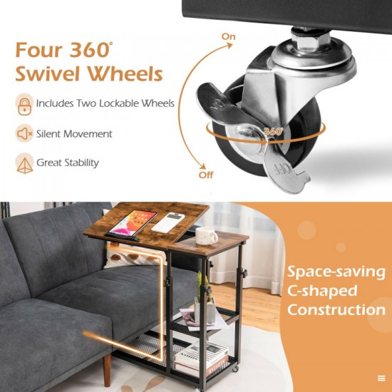 Honhorrs C-Shaped Laptop Side Table: Adjustable Height, Tilting Top, Wire Shelves and Locking Wheels